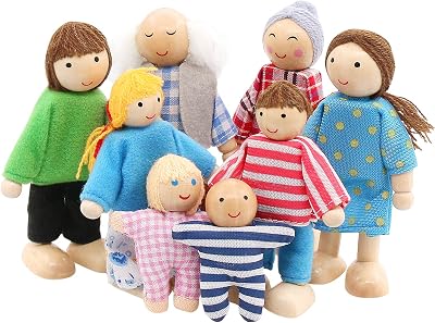 SumDirect Sets of 8 Wooden Family Dolls Playset for Doll House 8 Figures
