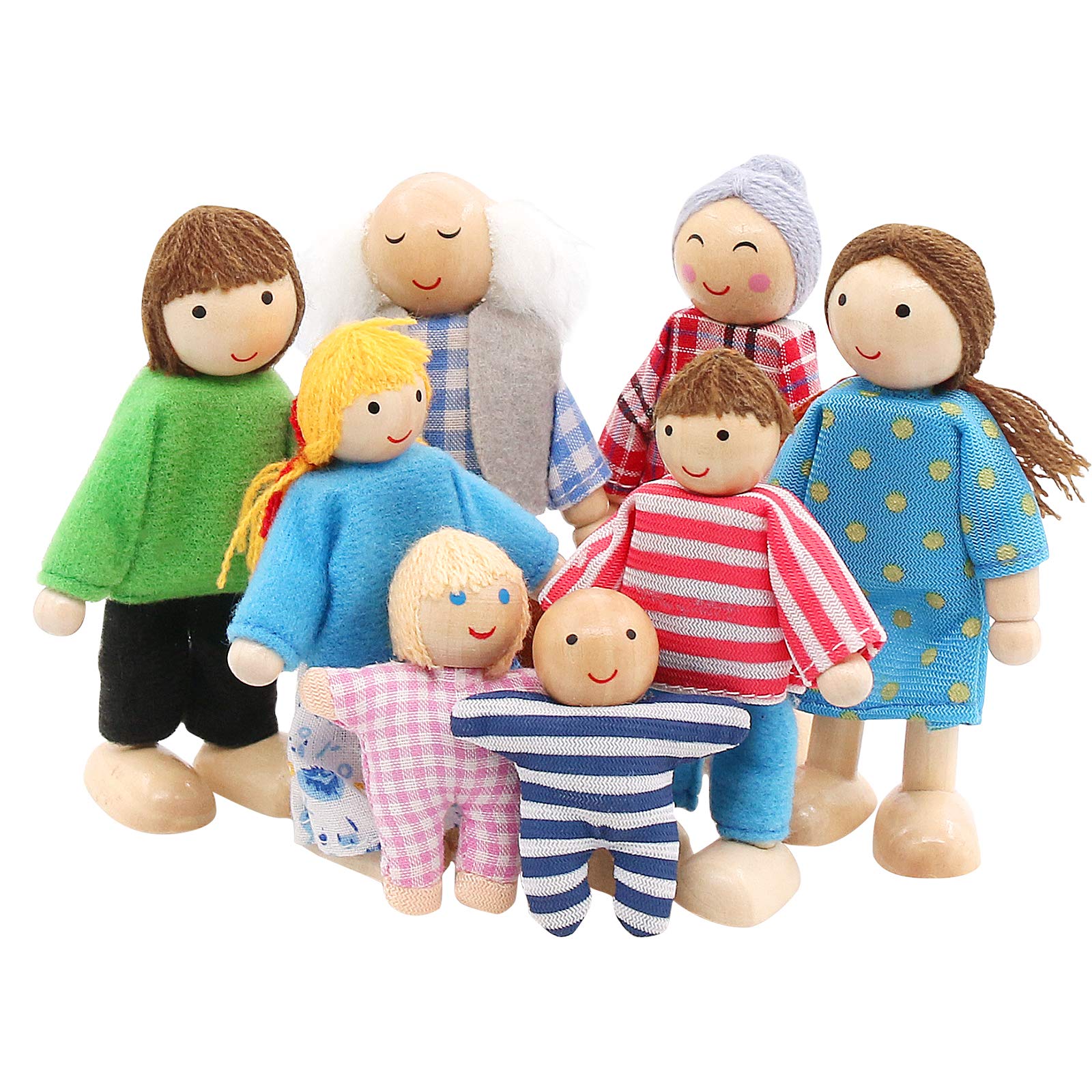 SumDirect Sets of 8 People Wooden Family Doll Toys, Lovely Happy Family Dolls Playset Doll House Accessories for Doll House Kids Children Toy (Style 1)…
