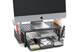 eVoomi FlowMax Ergonomic Desk organizer Computer Monitor Stand -Improved XL Desk Drawer, File Paper Pencil Holders - Pro Posture Eye-Level Tension Relief - Anti-Slip Home Office Supplies Storage Stand for Laptop Monitor or Printer