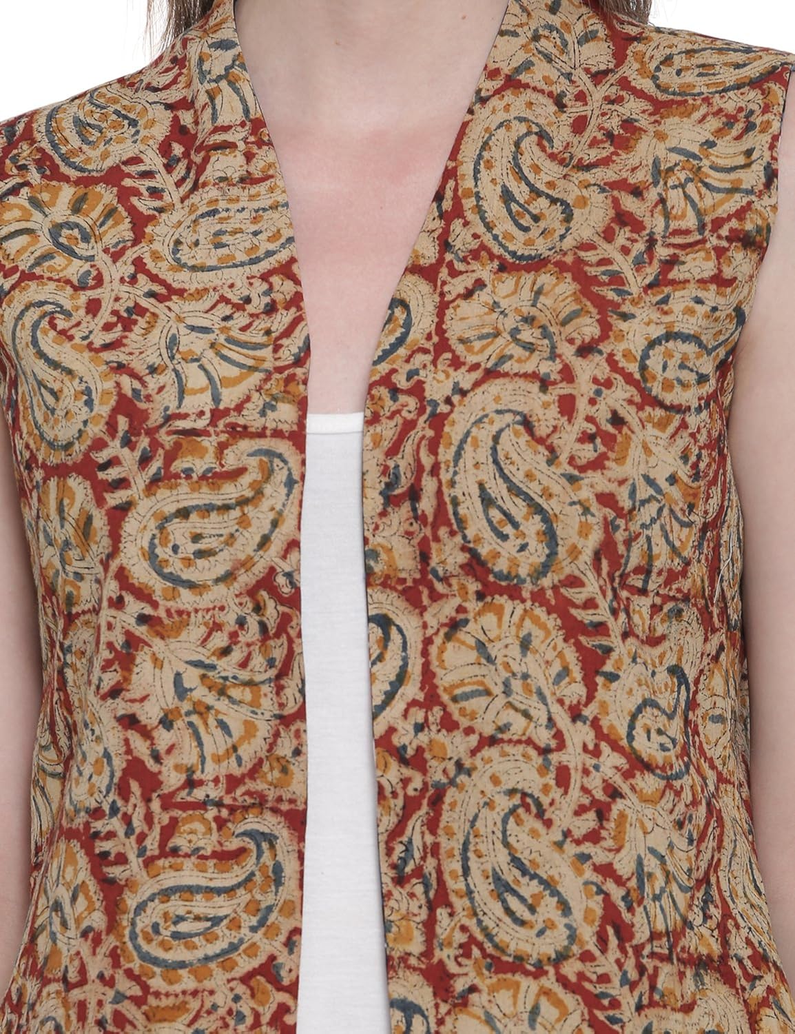 soochirang women's hand block printed sleeveless pure cotton reversible short waist coat