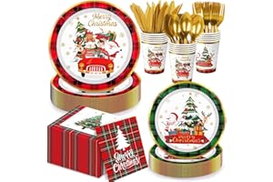 QIYANPAX 140 Pcs Christmas Paper Plates and Napkins Sets Includes Plates Napkins Cups Cutlery for Holiday Merry Christmas Party Decorations, Serves 20