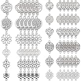 SUNNYCLUE 1 Box 84Pcs 14 Styles Tibetan Style Tree of Life Charms Bulk Hollow Rose Flower Connector Charms for Jewelry Making Linking Charm Heart Sakura Chakra Yoga Crafting Earring Bracelet Supplies