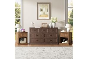 CARPETNAL Farmhouse Dresser and Nightstand Sets for Bedroom, 3 Pcs Bedroom Set, 7 Drawer Dresser & Nightstand Set of 2, Modern Wood Chest of Drawers for Bedroom, Living Room, Entryway, Brown