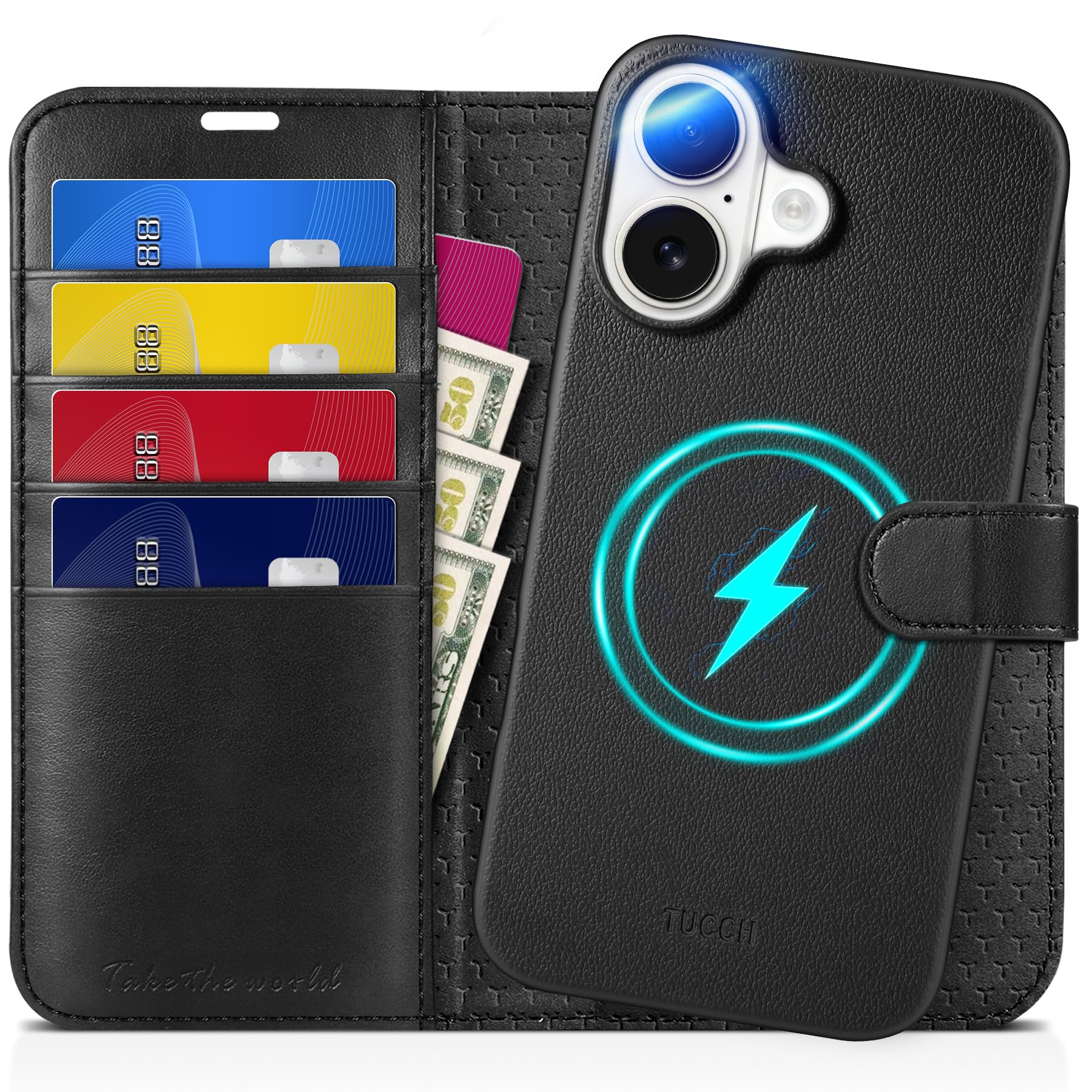 Photo 1 of TUCCH Case Wallet for iPhone 16, [Detachable] Kickstand RFID Blocking Wireless Charging 4 Card Holder Shockproof Case, PU Leather Magnetic Removable Cover Compatible with iPhone 16, Full Black