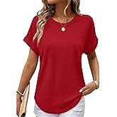 Sampeel Summer Tops for Women 2026 Trendy Rolled Short Sleeve Shirts Waffle Knit Crew Neck Tops Curved Hem Fashion Clothing