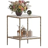 FormaCraft 20" Gold &amp;White Wood End Table,Brass end Table for Living Room | 2-Tier Square Side Table with Open Storage shelves,Antique Brass Accent Table with marble finished for Living Room, Bedroom