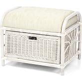 Krit Handmade Rattan Wicker Ottoman White Color Footstool Pouf Stool w/Basket w/Cushion