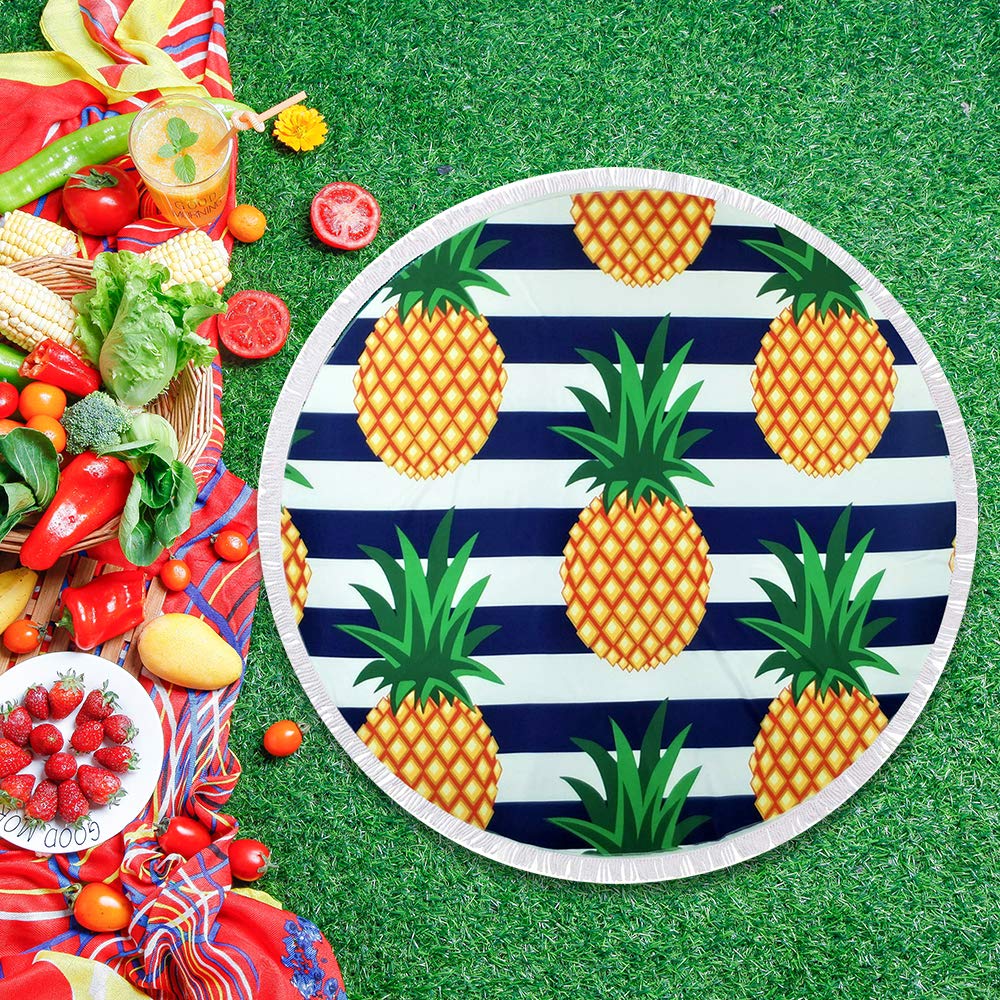 btcus4 Round Beach Towel Circle Blanket with Tassels Thick Microfiber Ultra Soft Super Water Absorbent Digital Printing High Color Fastness Multi-Purpose Sunscreen Yoga Mat Camping (120-pineapple)