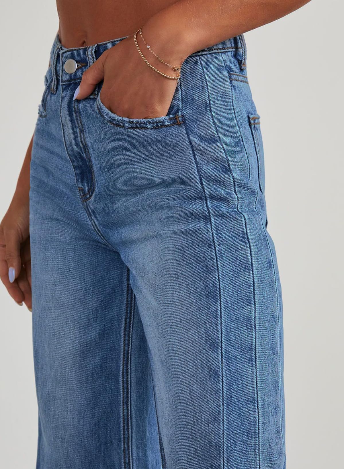 Sidefeel Women's Wide Leg Jeans High Waisted Strechy Raw Hem Zimbaplatinum Denim Pants