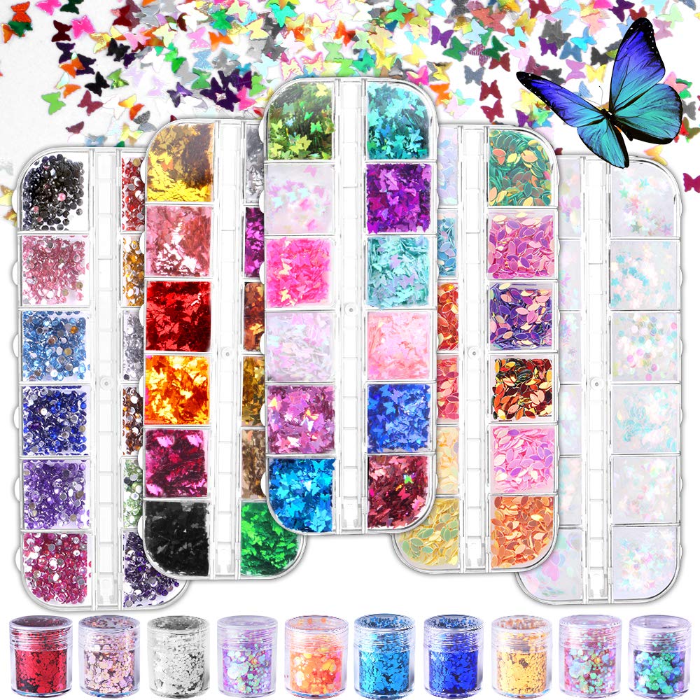 Sumfox 15 Boxes Butterfly Nail Glitter Sequins Holographic Nail Glitter Flakes with Chunky Glitter Nail Art Rhinestones for Face Body Eye Nail Art Decoration DIY Crafting