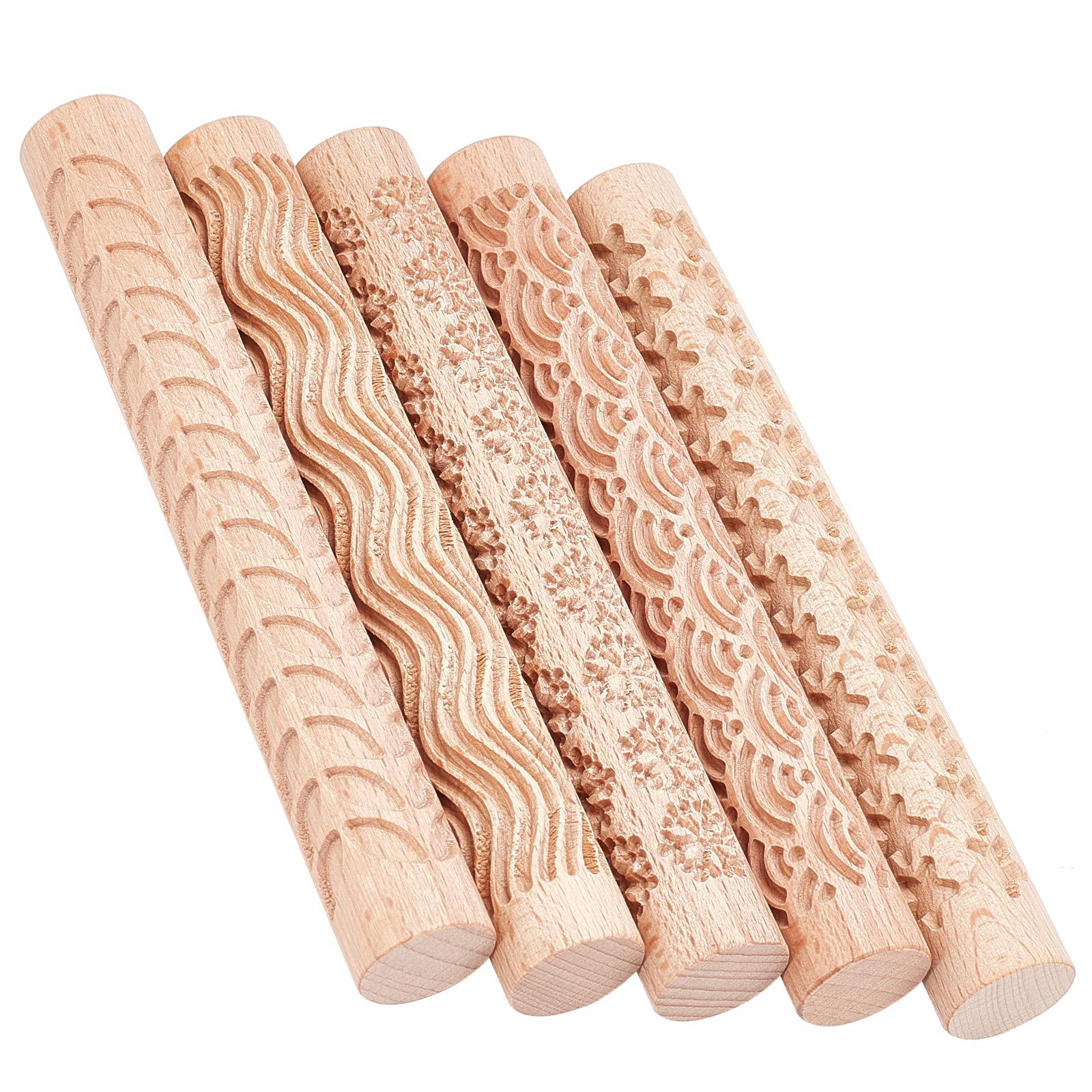 GORGECRAFT 5 Styles Wooden Handle Clay Texture Roller 6 Inch Modeling Pattern Pottery Tools Handmade Clay Slab Rollers Pins for Ceramics Pastries Cookies or DIY Projects