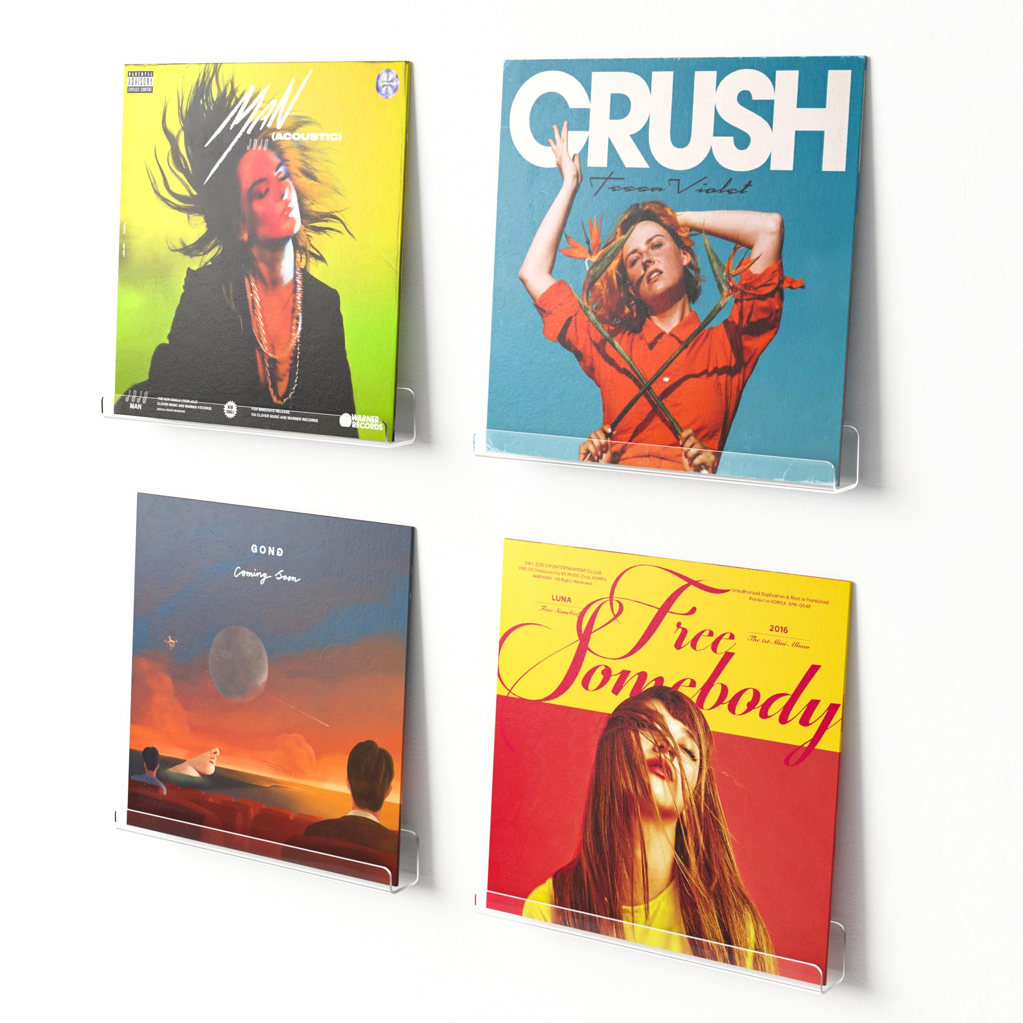 Photo 1 of upsimples 4 Pack Vinyl Record Wall Mount Shelves, 12" Vinyl Holder for Album Record Storage & Display, Clear Acrylic Floating Shelves for Wall Decor, Kids Bookshelf, Magazine Rack, Picture Ledge