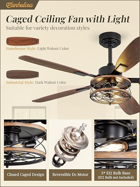 52 INCH FARMHOUSE CEILING FAN WITH LIGHT AND REMOTE, BLACK INDUSTRIAL CAGED FLUSH MOUNT CEILING FANS WITH 6 SPEED REVERSIBLE MOTOR AND DUAL FINISH 5 BLADES, RUSTIC CEILING FAN FOR LIVING ROOM, BEDROOM