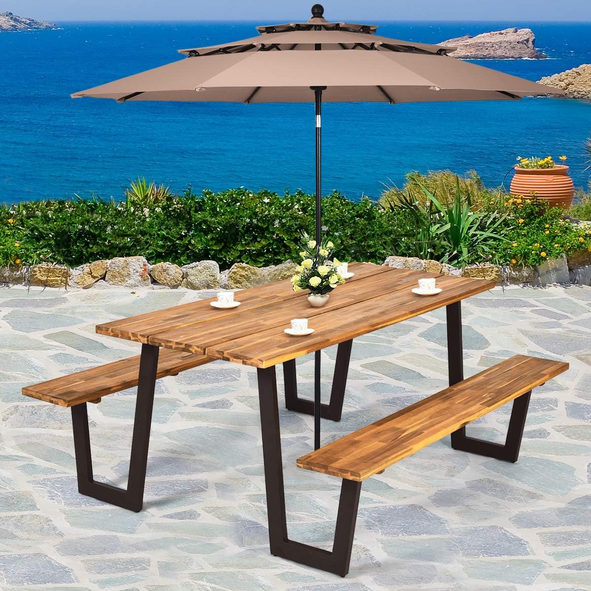 Giantex Picnic Table Bench Set with Umbrella Hole, Outdoor Dining Table Set, 70” Acacia Wood Picnic Beer Table with Metal Frame (Natural & Black): Kitchen & Dining