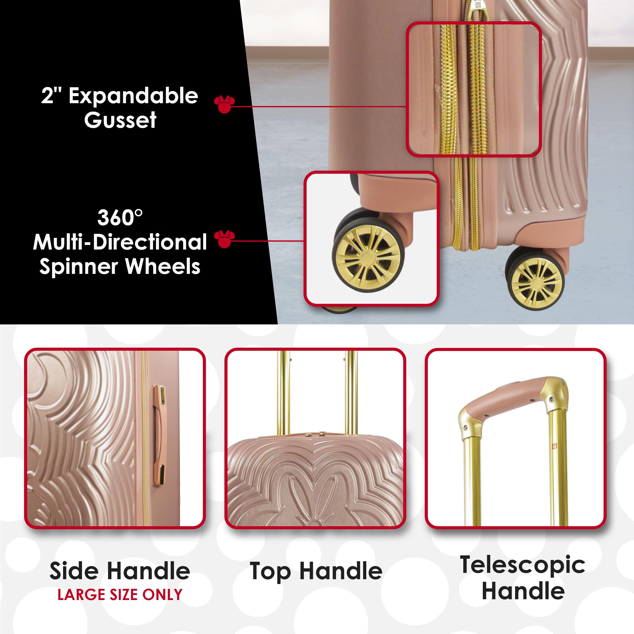 FUL Disney Minnie Mouse 3 Piece Rolling Luggage Set, Molded Hardshell Suitcase with Wheels, 21, 25 and 29 Inch, Rose Gold