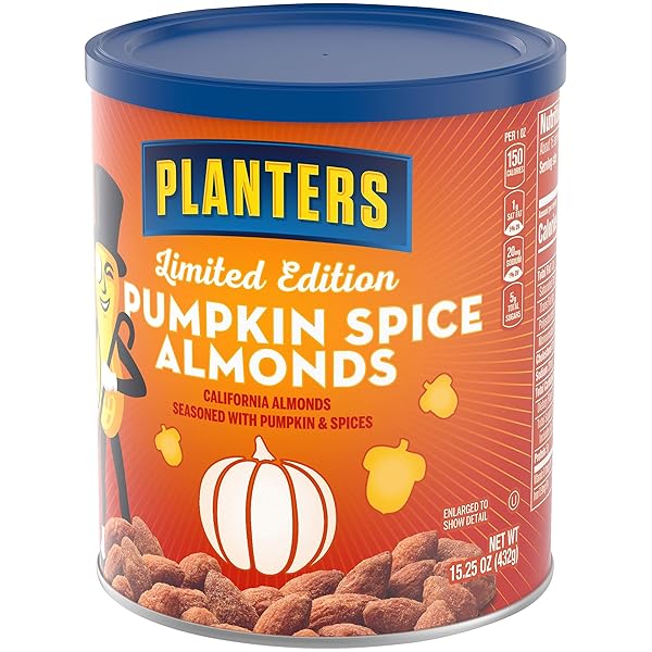 PLANTERS FALL EDITION PUMPKIN SPICE ALMONDS, PUMPKIN SPICE SNACKS, COOKING & BAKING NUTS & SEEDS, FLAVORED ALMONDS, SEASONAL NUTS, FALL PARTY SNACKS, PLANT-BASED PROTEIN, 15.25 OZ CANISTER