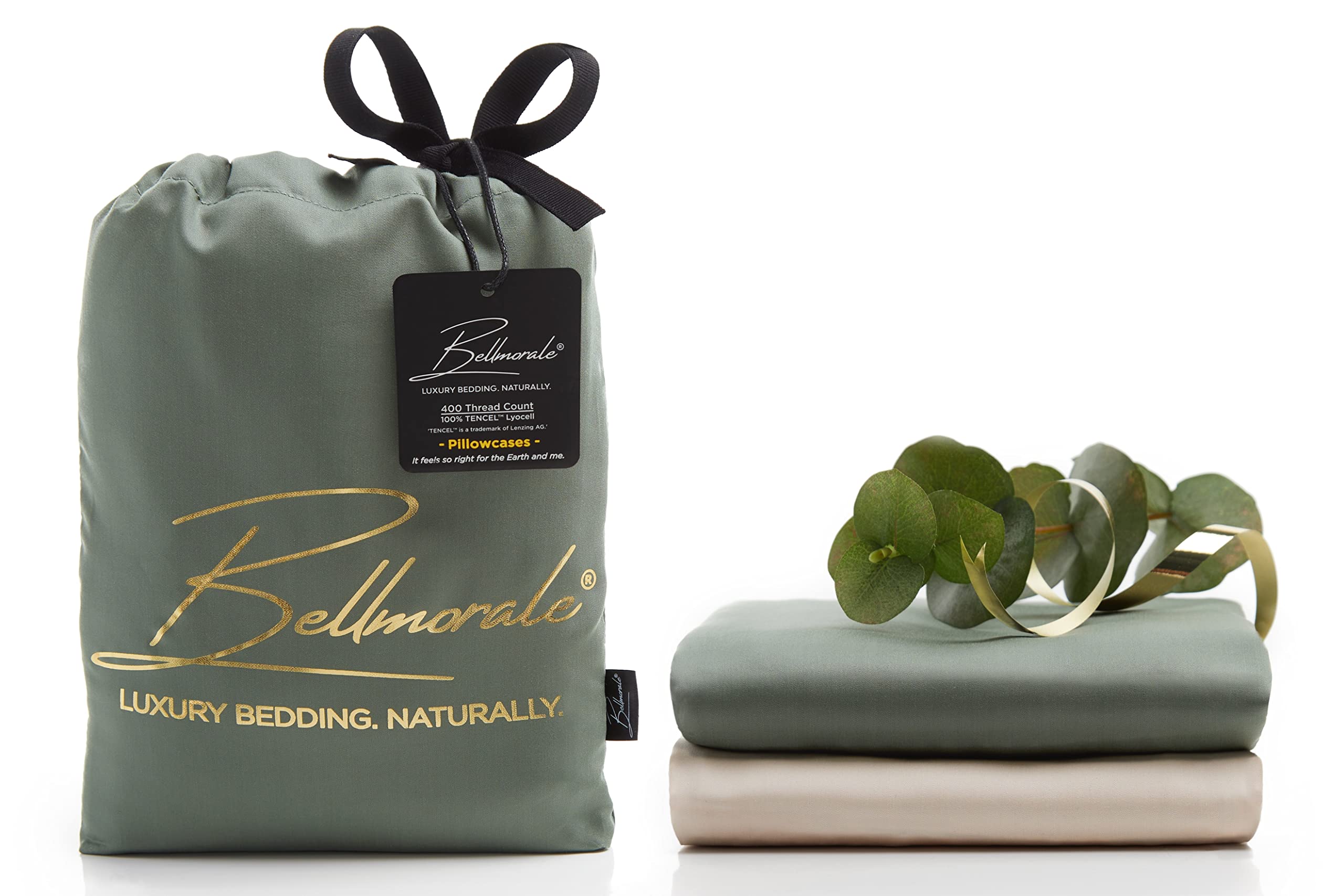 Bellmorale Eucalyptus Silk Pillowcase Set 2 Pack | Luxury Soft 400 Thread Count Tencel Pillow Covers | Natural Sateen Oxford Pillowcases | Lyocell Bedding | Green/Beige, 50 x 75 cm