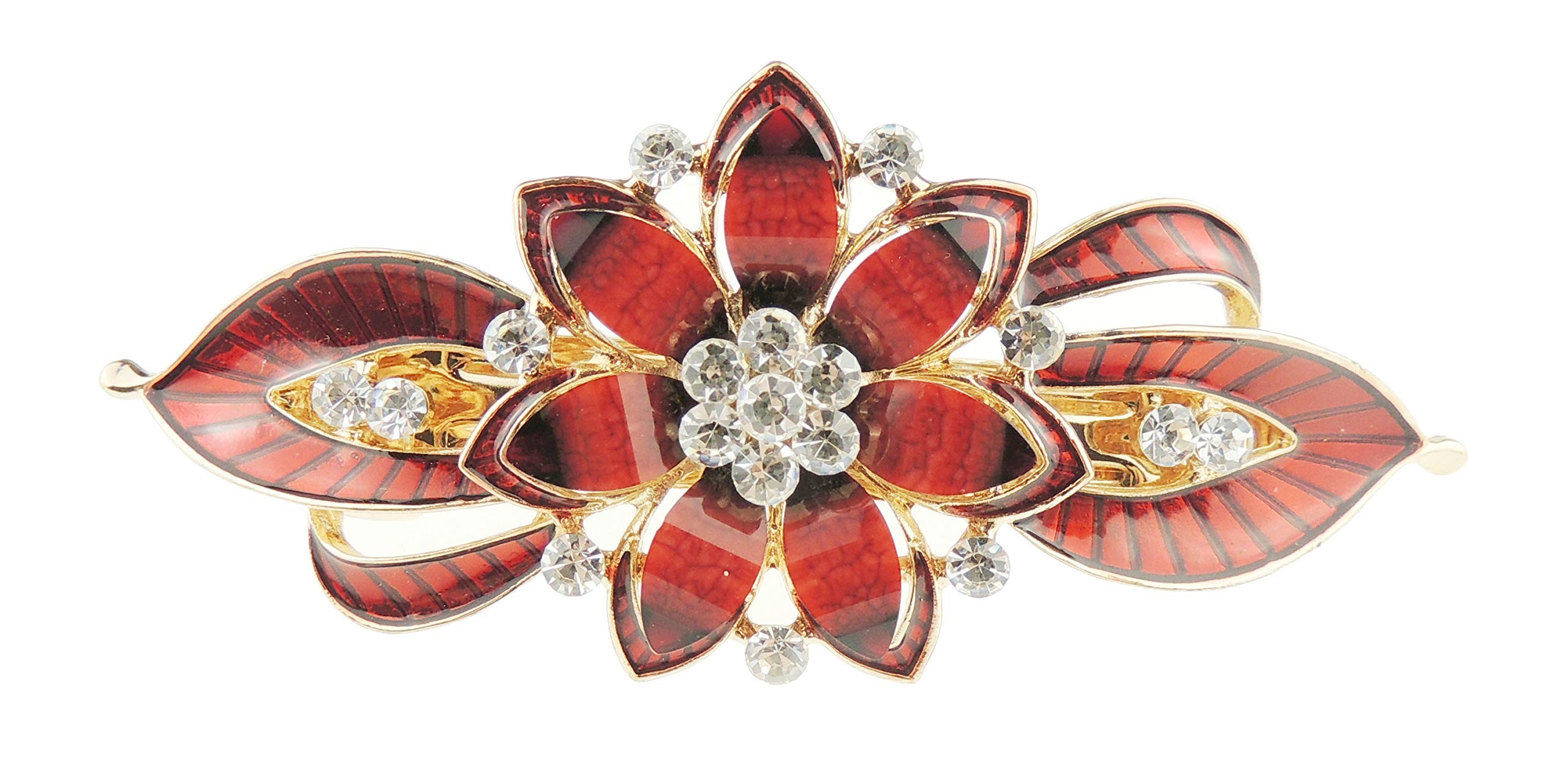 Womens Girls Crystal Rhinestone Diamante Wedding Birthday Party Evening School Ponytail Fine Medium Hair Accessories Occasion Barrette Hairpin Grip French Spring Clip Enamel Floral Rose (Red)