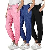 Real Essentials 3 Pack: Girls' Dry-Fit Jogger Sweatpants - Kids Teens Running Athletic Pants with Pockets (Sizes: 4-16)