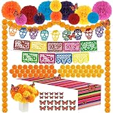 ZCPTZ 87 Pcs Dia De Los Muertos Decorations Day of the Dead Ofrenda Set | 50 Marigold Flowers, 2 Mexican Papel Picado Banners, Garlands Butterfly Tablecloth for Altar, Day of the Dead Party Supplies