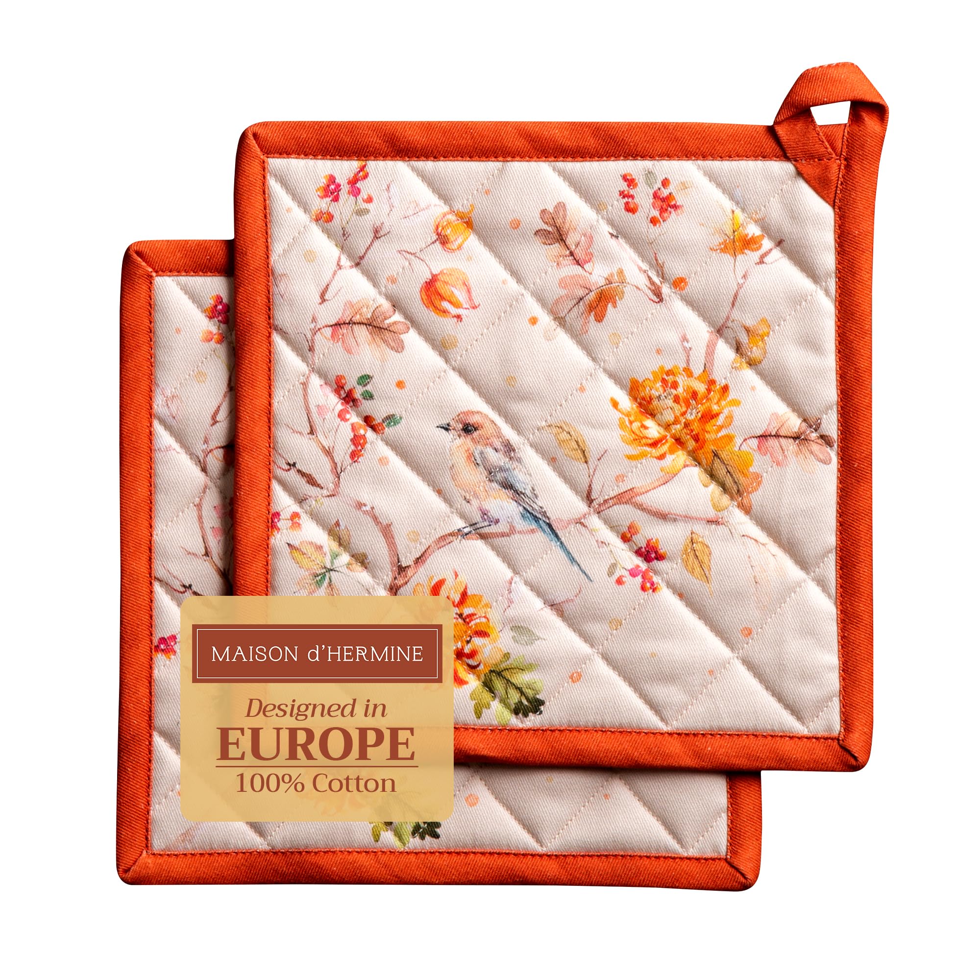 Maison d' Hermine Pot Holders Set 100% Cotton Heat Resistant Potholders 20 cm x 20 cm Hot Pads with Loop for Christmas Decorations BBQ Cooking Baking Handling Hot Pans (Pack of 2, Kelim - Prairie)