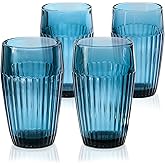 Blue Drinking Glasses Set of 4, 14 oz Ribbed Textured Glass Tumblers, Tall Retro Colored Drinkware for Water & Cocktails, Decorative Highball Glasses for Home & Bar, Modern Vintage Glassware Gift Set