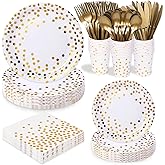 175 Pcs White Gold Party Plates Cups and Napkins Sets White Gold Foil Dot Disposable Dinner Tableware Set With 7" 9" Plates Napkins Cups Knife Fork Spoon Birthday Party Supplies Serve 25 Guests