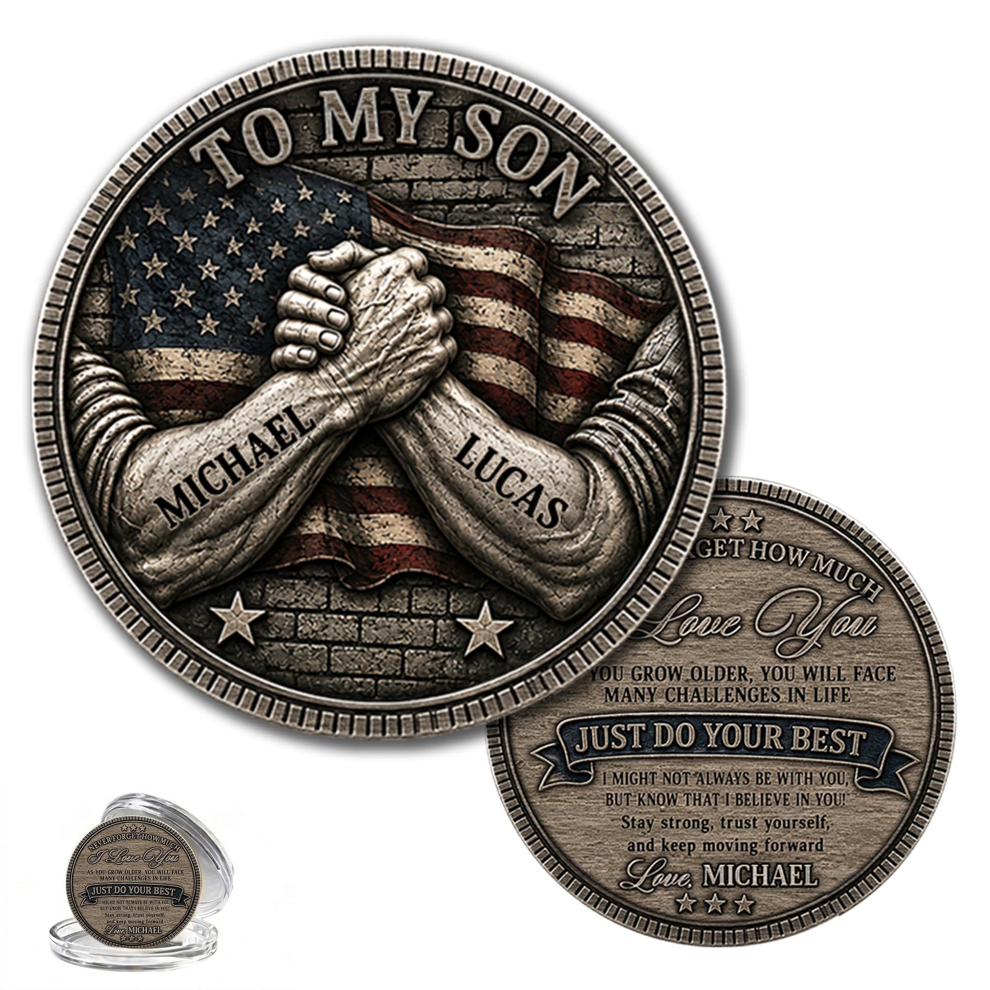 Personalized Encouragement Son Gift from Dad Challenge Coin | Fist Bump with Names American Flag, Just Because, Graduation, B