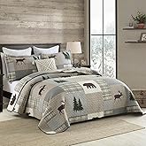 Uniclinens Quilt Set King Size, 100% Cotton Quilted Quilt Bedding Set Bedspread, Bear Tree Elk Farmhouse Rustic Quilt, Patchwork Plaid Comforter Set, 3 Pieces Set with 2 Pillowshams, Brown/Grey/Green