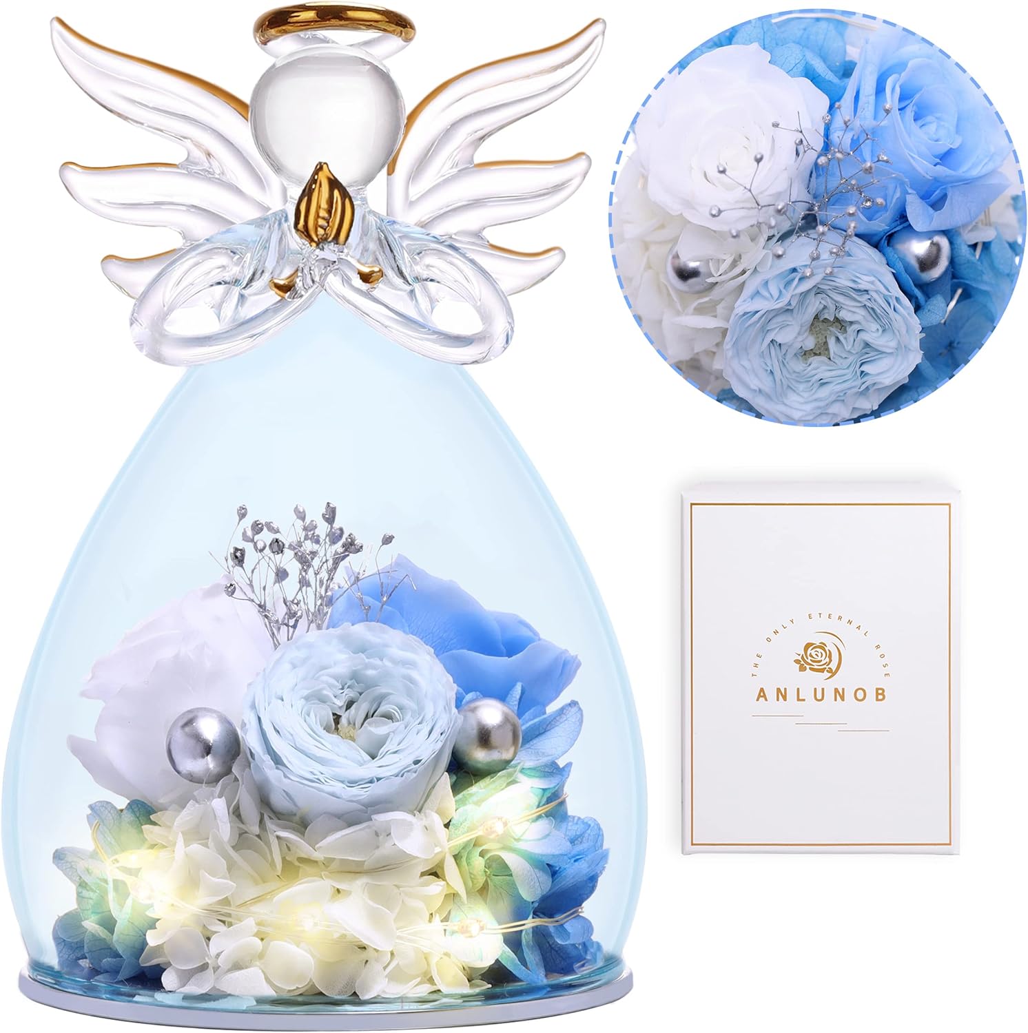 Dried & Preserved Flora - ANLUNOB Large Angel Birthday Gifts for Mom Grandma Wife, Thanksgiving Day Gifts for Women LED Light Angels Figurines with Blue Forever Real Rose