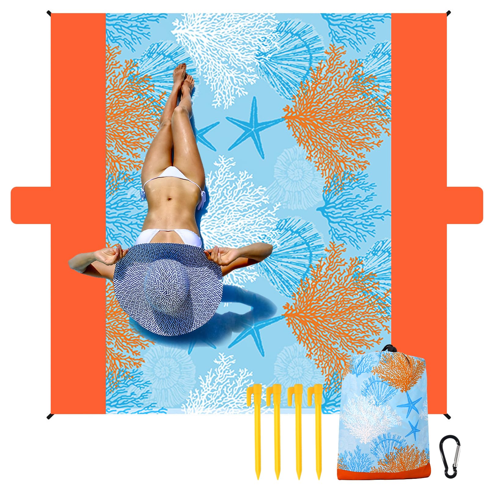 NewDoar 200x210cm Beach Blanket Sandproof Extra Large Beach Mat with 2 Pockets Picnic Blanket Waterproof Lightweight Picnic Mat for Camping Hiking Beach Travel, with 4 Stakes, 4 Corner Pockets