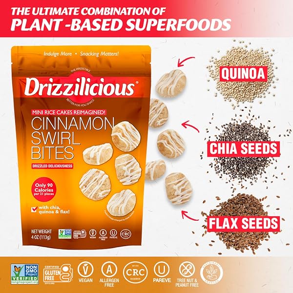 DRIZZILICIOUS MINI FLAVORED RICE CAKES CINNAMON SWIRL – RICE CRISPS, HEALTHY SNACK FOR ADULTS AND KIDS, VEGAN, GLUTEN FREE SNACK, ALLERGEN FREE, ONLY 90 CALORIES PER 21 PIECES – 4 OZ (PACK OF 1)
