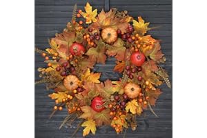 CHRISXIAO 24 Inch Thanksgiving Fall Wreath, Autumn Wreath for Front Door with Maple Leaves, Oak Leaves, Pumpkins Berries, for Home Outside/Indoor Wall Window Festival Decor Halloween Wreaths