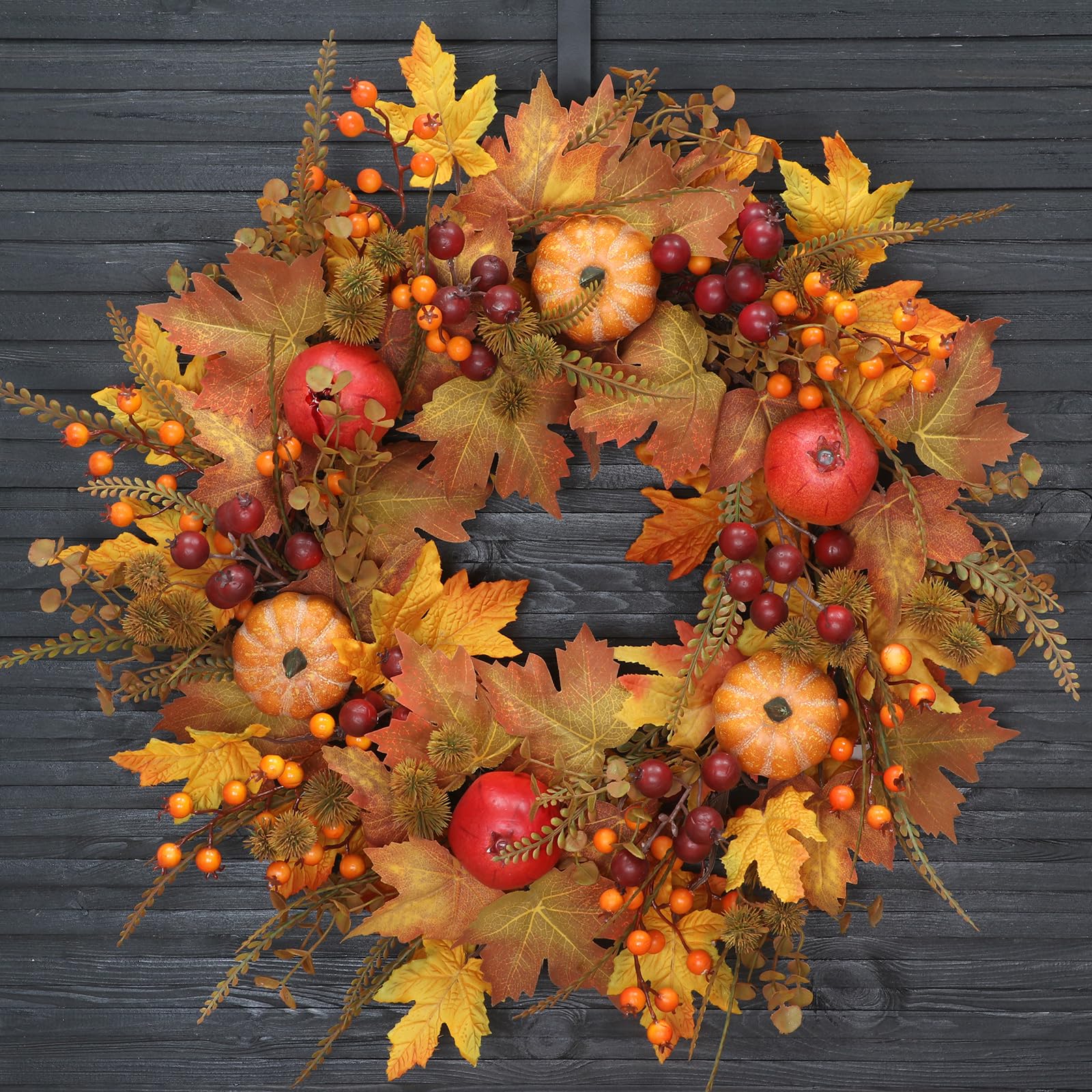Photo 1 of 24 Inch Thanksgiving Fall Wreath, Autumn Wreath for Front Door with Maple Leaves, Oak Leaves, Pumpkins Berries, for Home Outside/Indoor Wall Window Festival Decor Halloween Wreaths