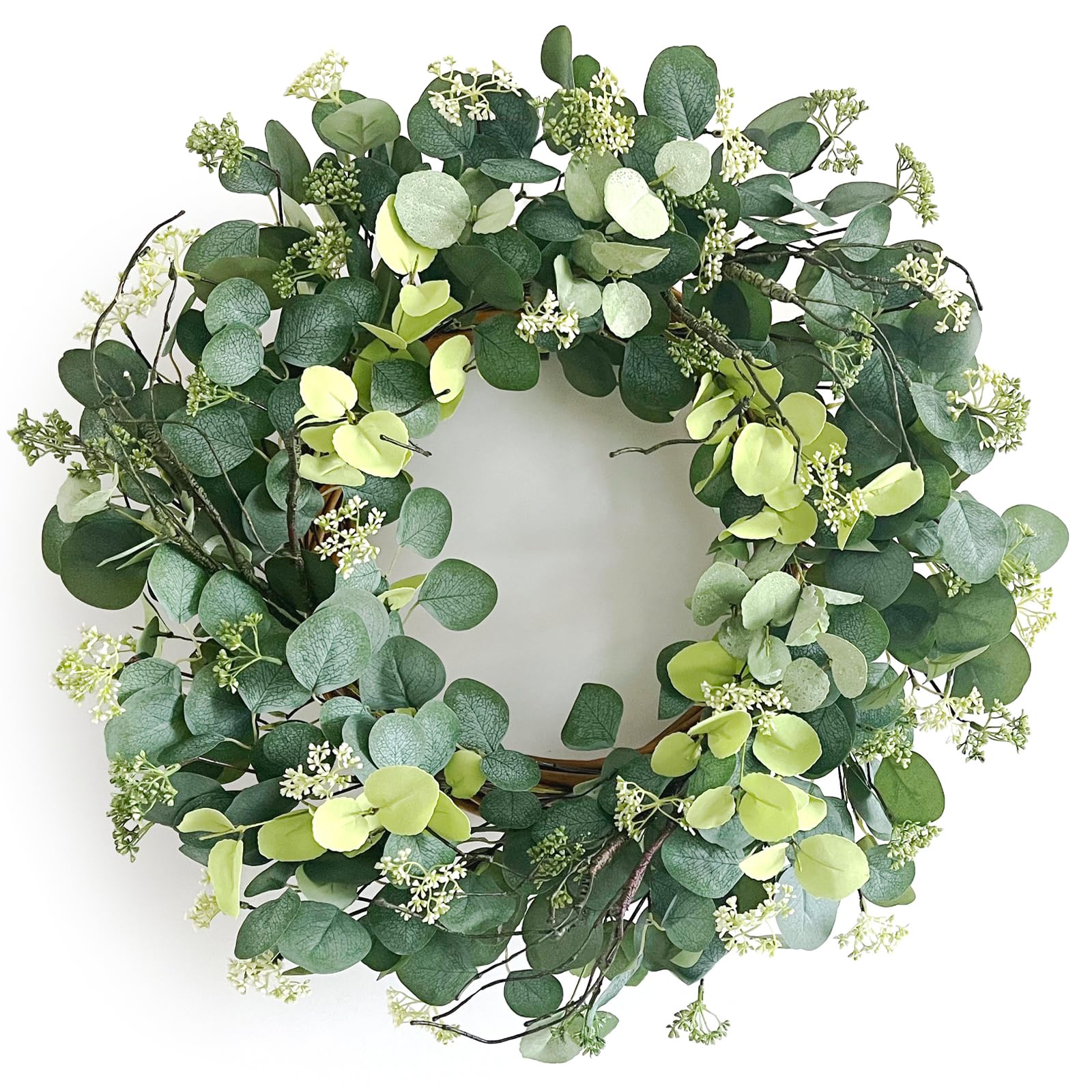 Photo 1 of 24 Inch Eucalyptus Summer Wreath for Front Door, Summer Spring Wreath for Grapevine Farmhouse with Silk Printing Dollar Leaves Wreaths for Festival Celebration Front Door Wall Window Home Décor