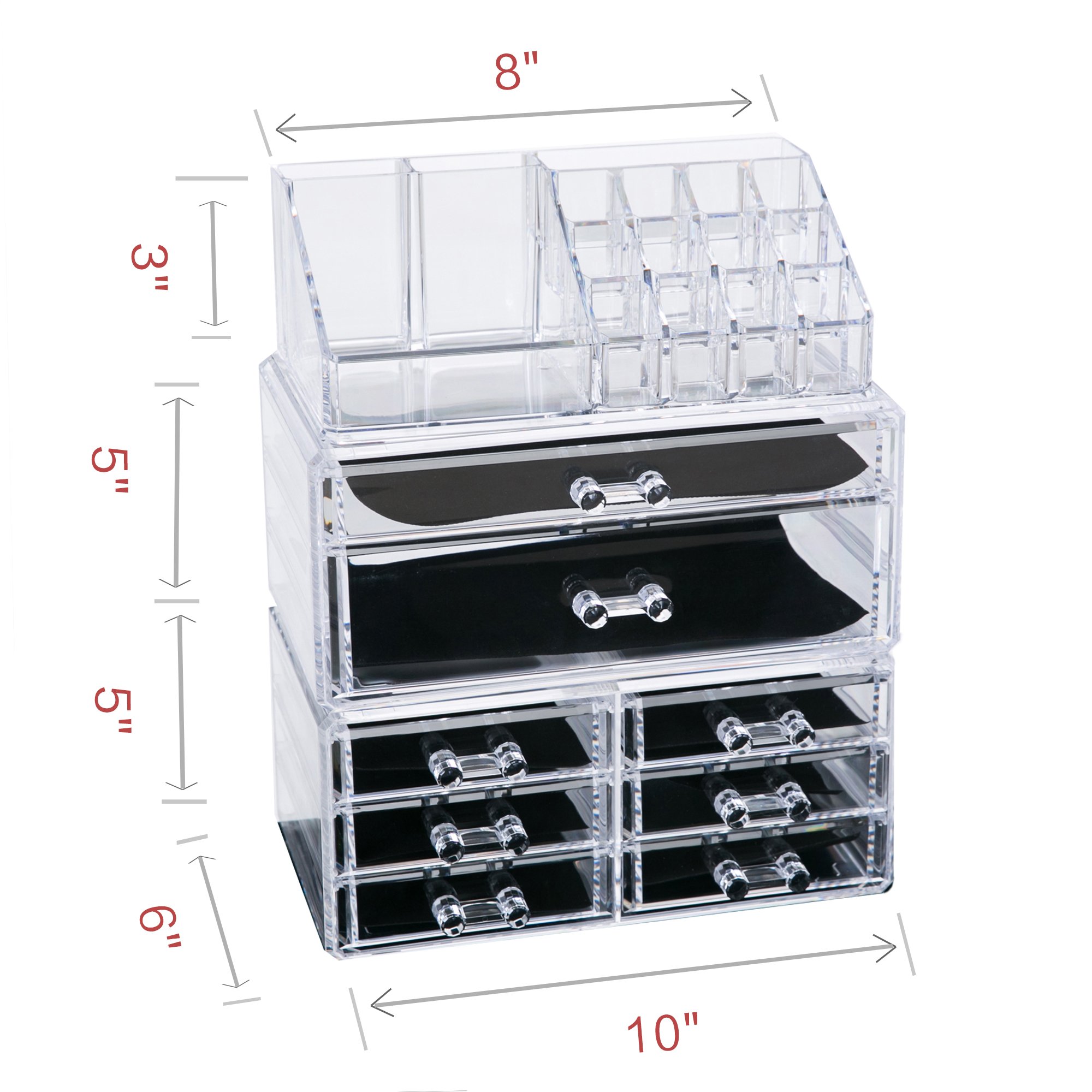Clear Acrylic Cosmetic Storage Organizer, Boxes Makeup and Jewelry Organizer 8 Drawers and 3 Piece Set with Removable Black Mesh Padding