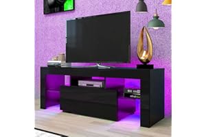 HOUAGI LED TV Stand for Televisions up to 55 Inchs,Modern Entertainment Center with Storage Drawer and Glass Shelf, TV Console Table for Living Room,Bedroom,Black