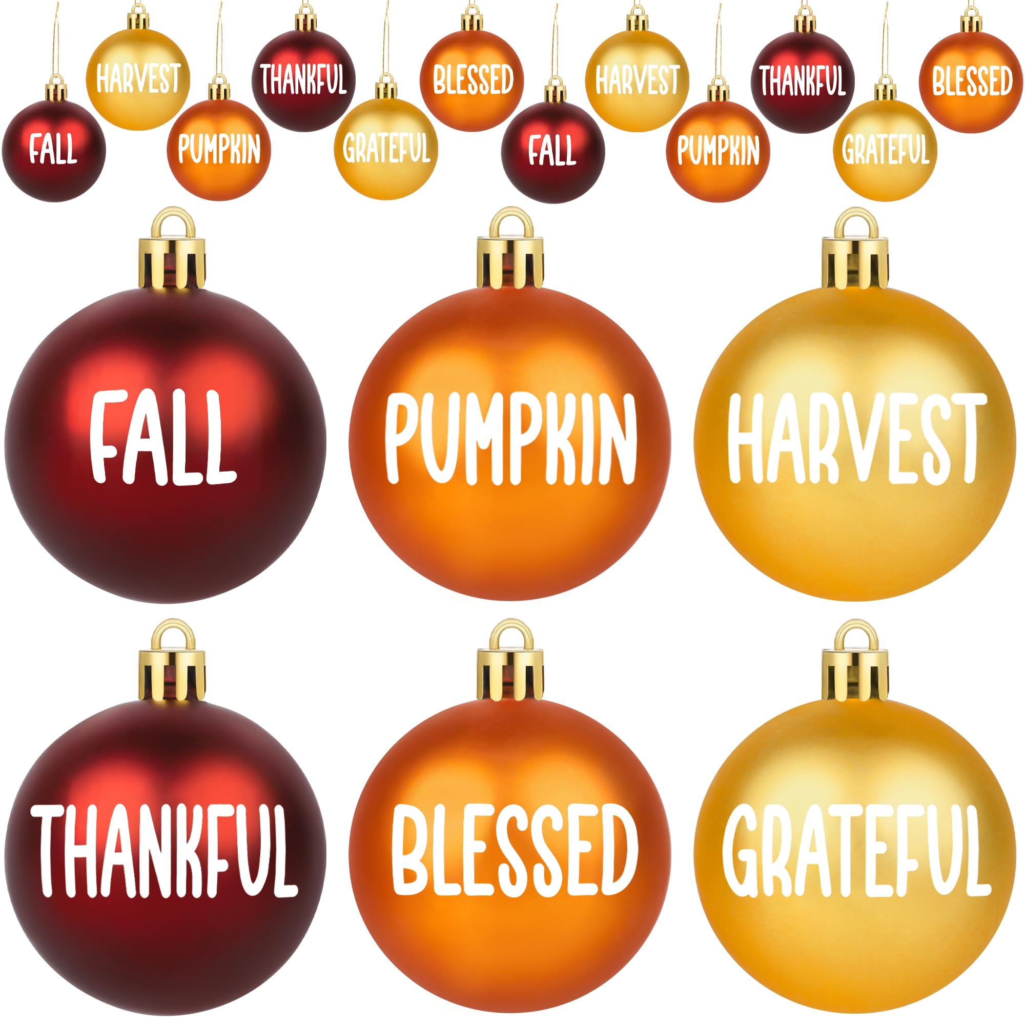 Photo 1 of 12Pcs Thanksgiving Balls Ornaments Fall Plastic Hanging Ball for Home Tree 2.4 Inch Orange Red Golden Ball Ornaments Harvest Trees Decorations for Autumn Blessed Home Tree Party Decor