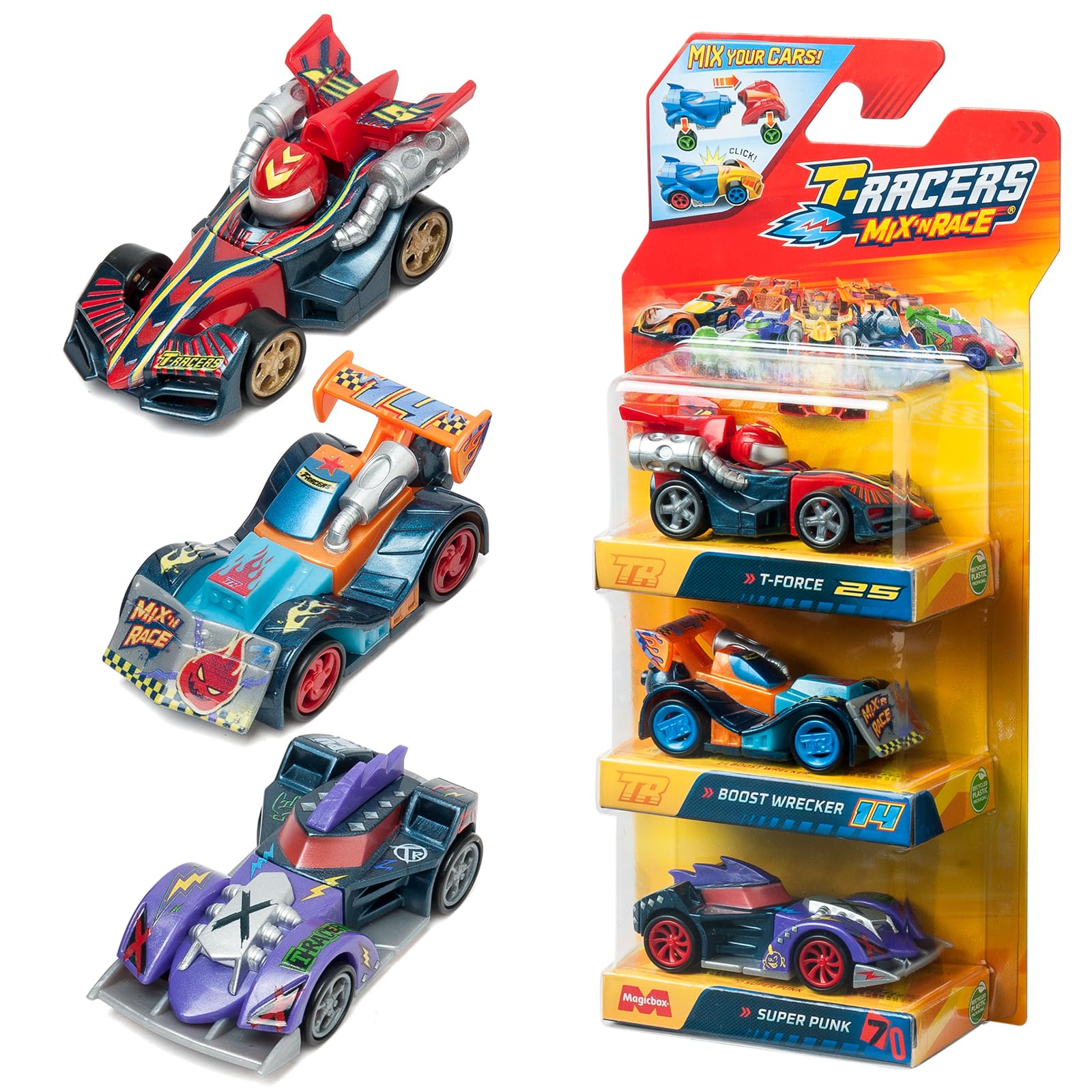 T-RACERS Mix ´N RACE 3 Pack – Pack of 3 collectible cars. Each car can be split in two with interchangeable parts and wheels. Pack 4/12