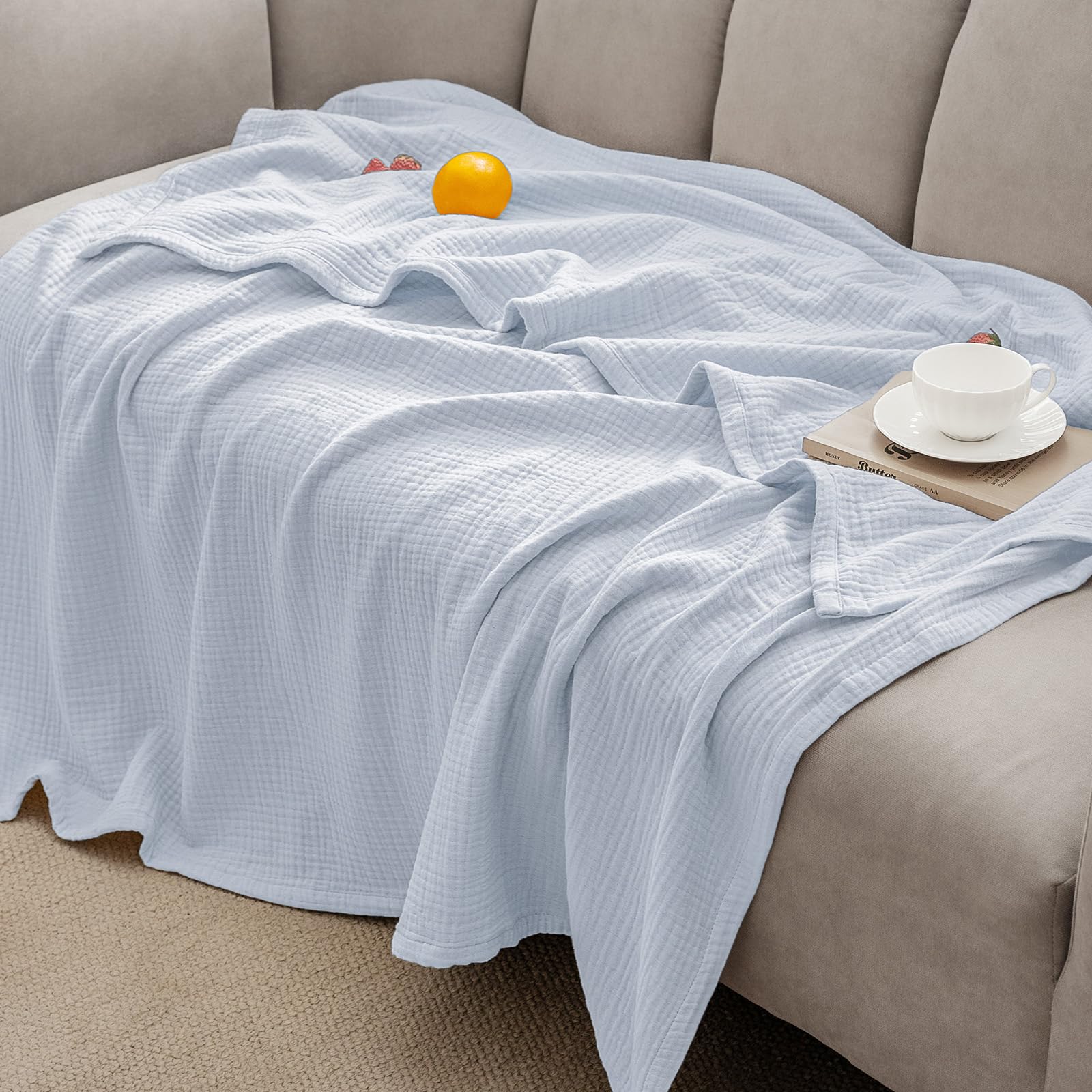 Photo 1 of PHF 100% Cotton Muslin Blanket Twin Size 66" x 90", 4-Layer Lightweight and Breathable Blanket for Summer, Luxuriously Soft Gauze Bedding for Bed, Natural Minimalism Style, Ideal Gift, Ancient Water
