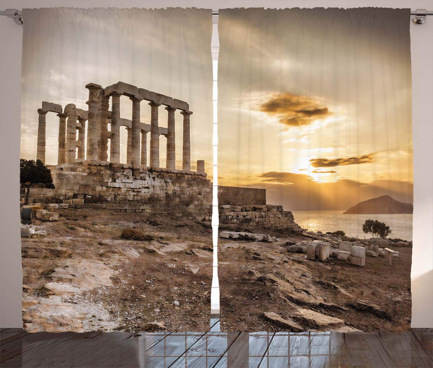 ABAKUHAUS Pillar Curtains, Greek Building Poseidon at the Sunset Sea and the Cloudy Sky Digital Image Print, Living Room Bedroom Window Drapes 2 Panel Set, 280 x 245 cm, Beige and taupe