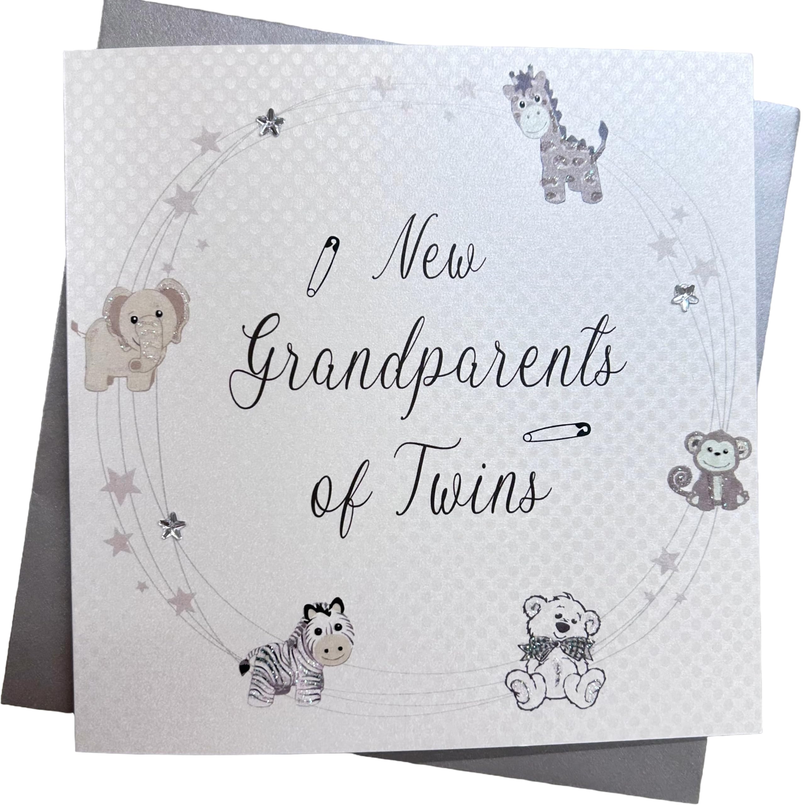 WHITE COTTON CARDS New Grandparents of Twins Teddy Design Handmade Card B183-GP, 16cm x 16cm