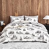 Wake In Cloud - Rustic Quilt Set, Cabin Forest Woodland Camping Theme with Lodge Mountain Print, Reversible Lightweight Bedspread Coverlet, 3 Pieces, Grey White, King Size