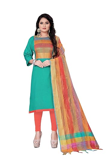 Leeza Store Women Unstitched Cotton Suit With Banarasi Dupatta (Turquoise Color_Free Size)
