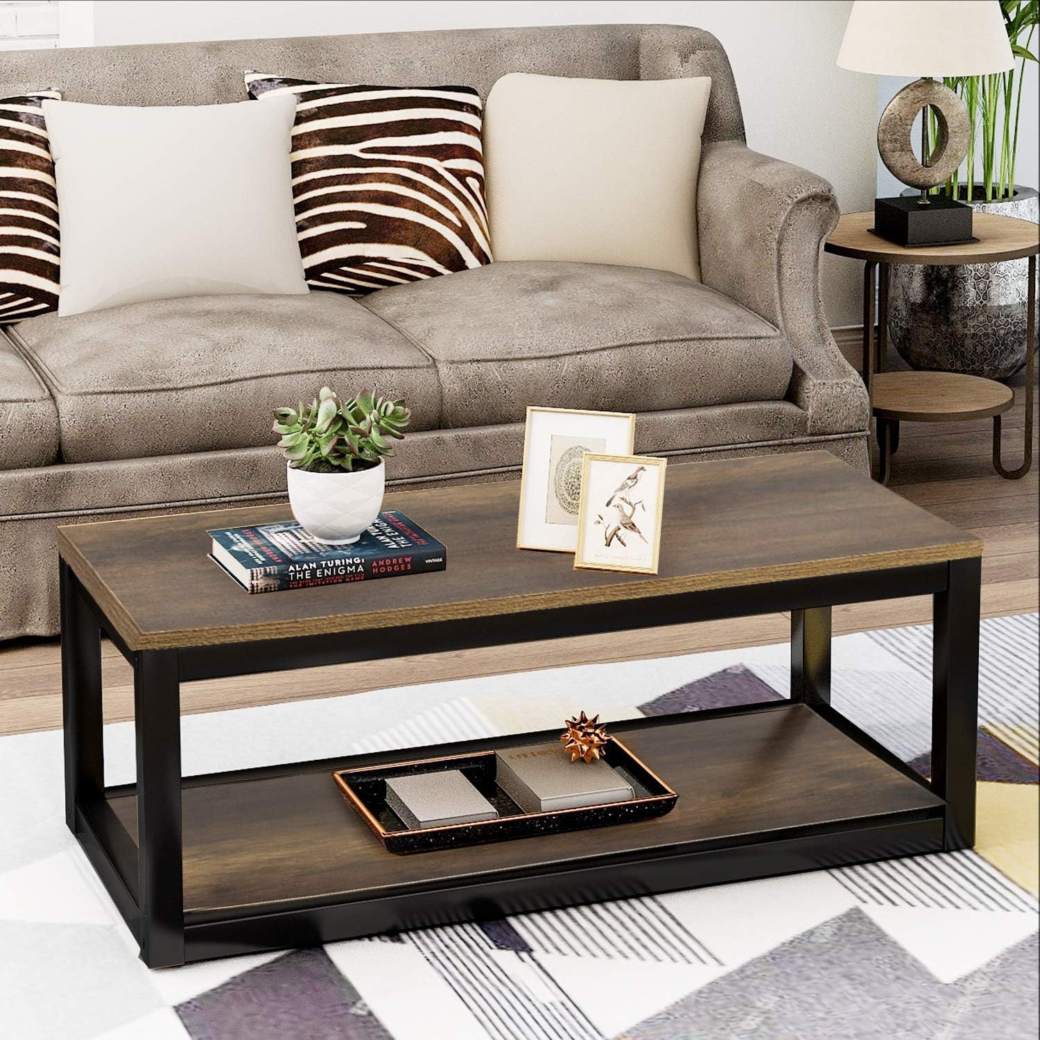 Merax Rectangle Coffee Table Retro Style Coffee Table for Living Room Metal Frame with Open Shelf Easy Assembly