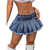 BEAUDRM Women's Y2K Low Waist Pleated Denim Skirt Zipper Raw Hem Mini Skirt Casual Ruffle Jean Skirt