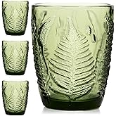 Vintage Green Drinking Glasses Set of 4, 10 oz Deep Textured Glass Cups, Fern Embossed Retro Glassware, Hand-Pressed Decorative Cocktail Tumblers, Boho Style Colored Drinkware Gift Set for Home & Bar