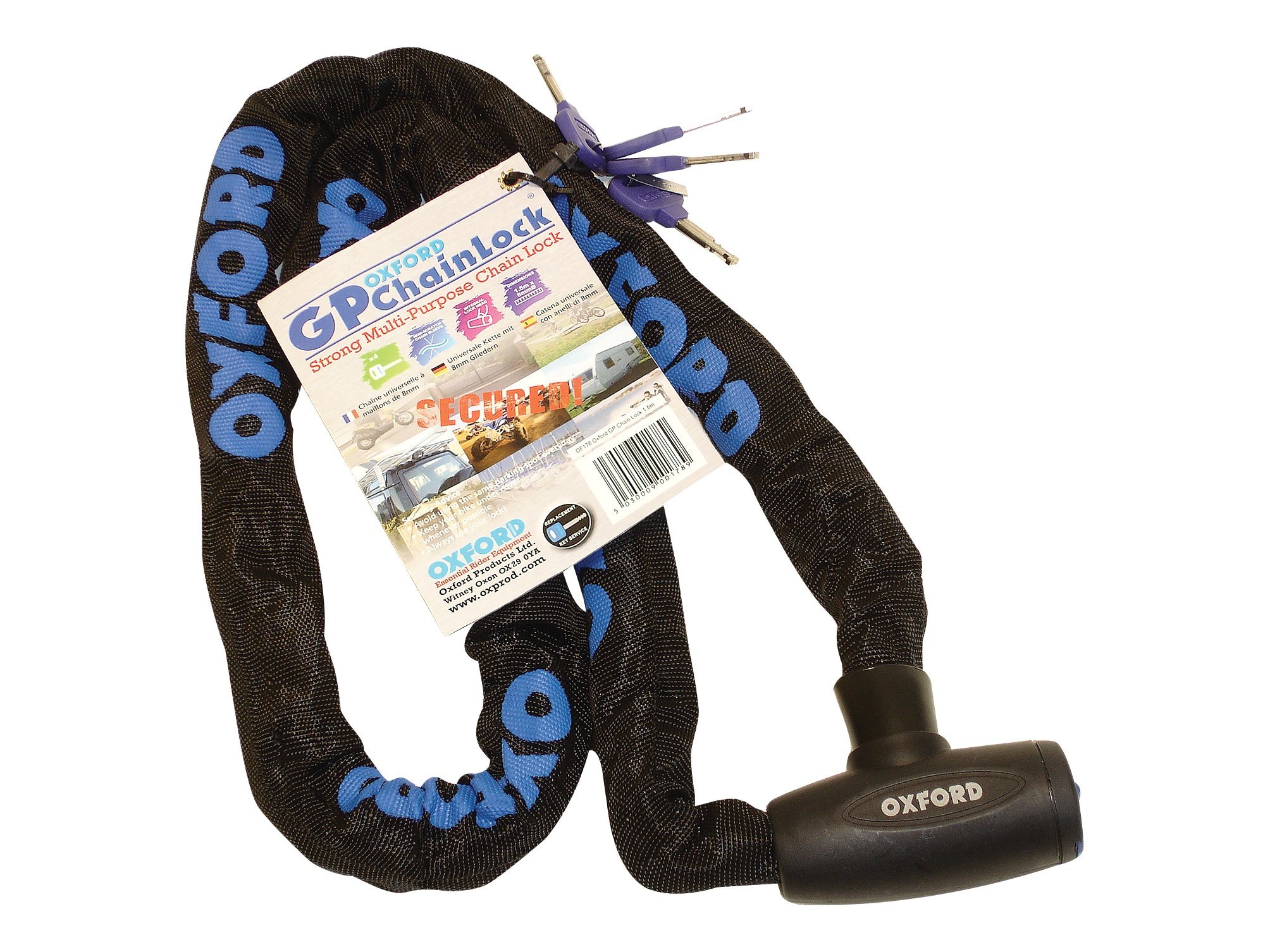 Oxford OF179 GP Chain Lock - Black/Blue, 1.2 m