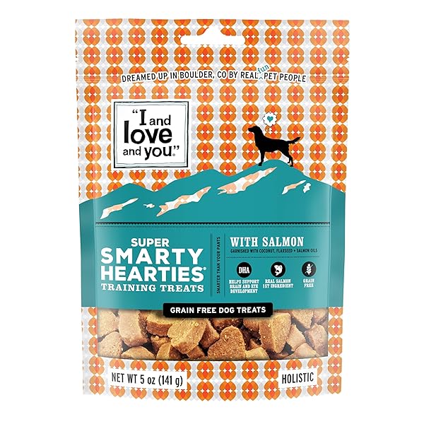 I AND LOVE AND YOU SUPER SMARTY HEARTIES – SALMON – GRAIN FREE, DHA FOR BRAIN AND EYE SUPPORT, TRAINING TREAT, FILLER FREE, 5OZ