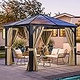 YITAHOME 10x10 Polycarbonate Gazebo Hardtop Outdoor Canopy with Netting and Shaded Curtains, Aluminum Frame Garden Tent for Patio, Backyard, Deck and Lawns, Brown